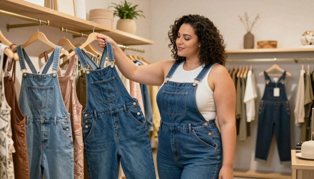 A-confident-curvy-woman-standing-in-a-stylish-modern-boutique-examining-a-selection-of-1024x585 Quelle salopette porter quand on est ronde ?