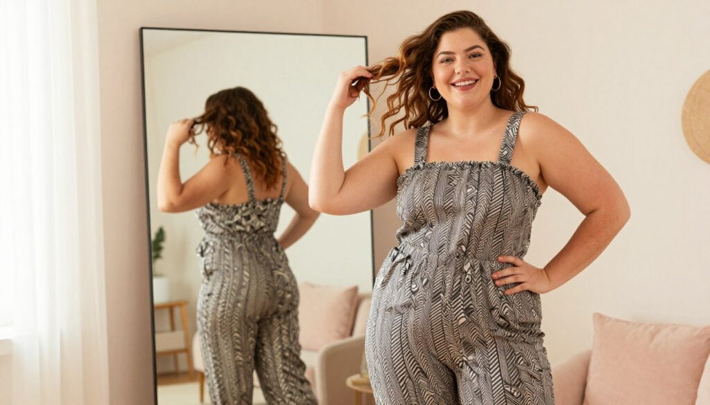 A-confident-plus-size-woman-is-wearing-a-stylish-oversized-jumpsuit-standing-in-a-bright-airy-1024x585 Quelle salopette porter quand on est ronde ?