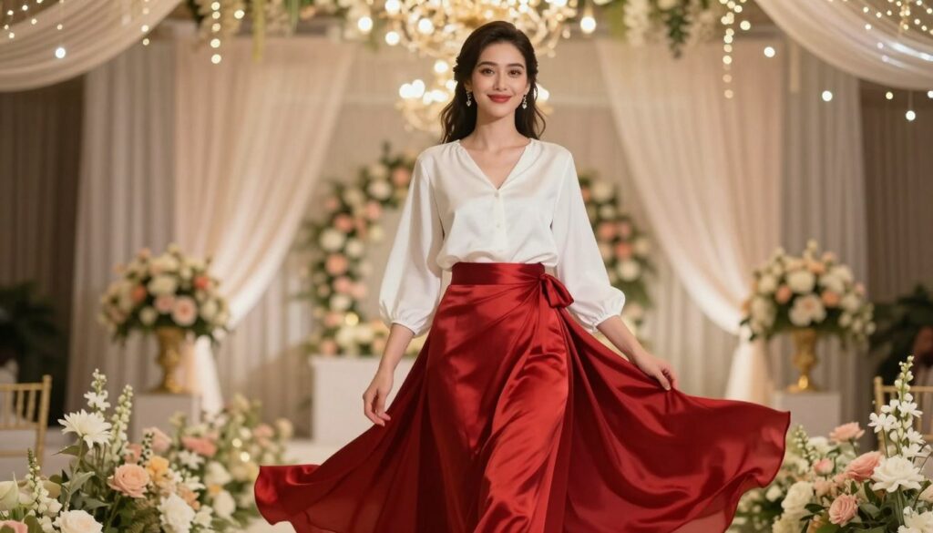 A-fashionable-woman-wearing-a-silk-wrap-skirt-in-vibrant-red-ideally-suited-for-a-wedding.-The-1024x585 Comment porter la jupe rouge à un mariage ?