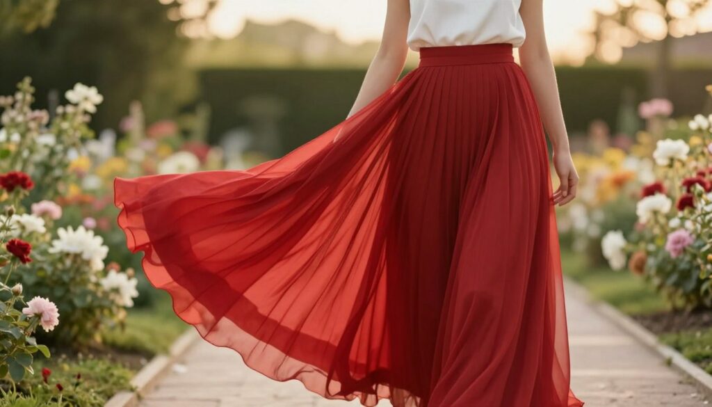 A-graceful-flowing-red-pleated-skirt-designed-for-a-wedding-setting-elegantly-draped-to-1024x585 Comment porter la jupe rouge à un mariage ?