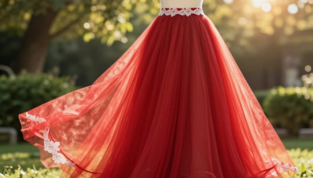 A-long-flowing-red-tulle-skirt-designed-for-a-wedding-elegantly-draped-around-a-mannequin-1024x585 Comment porter la jupe rouge à un mariage ?