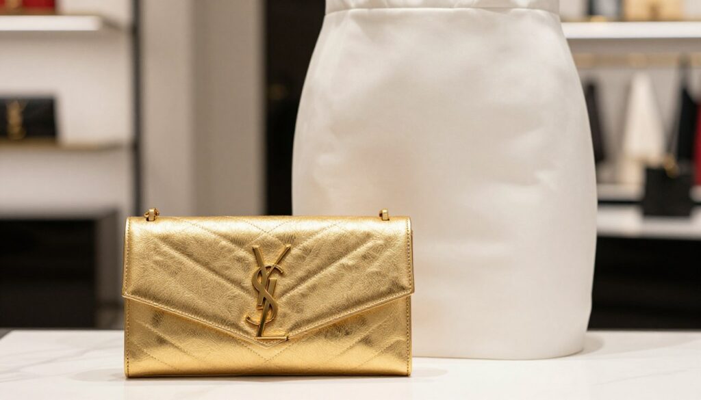 A-luxurious-golden-Saint-Laurent-Monogram-clutch-elegantly-positioned-in-the-foreground-1024x585 Quelle pochette porter avec une robe blanche ?