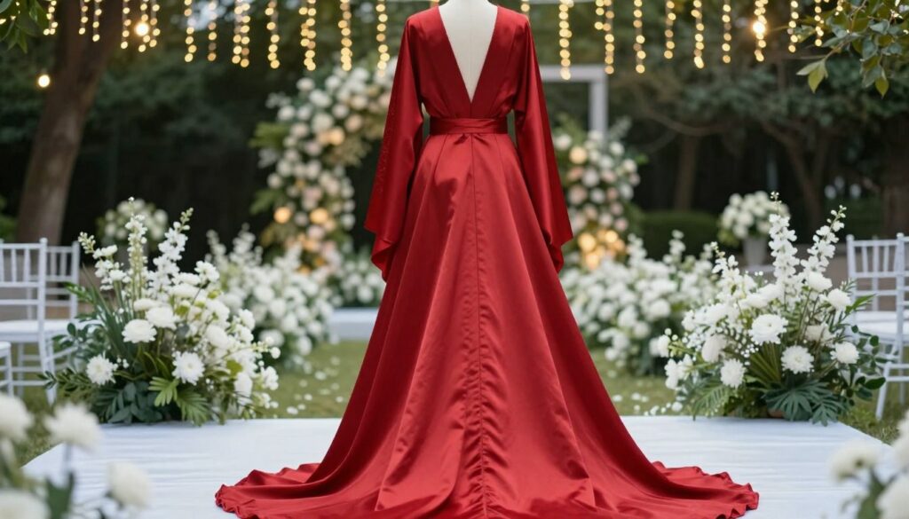 A-stunning-red-robe-suitable-for-a-wedding-elegantly-draped-and-flowing-to-the-floor.-In-the-1024x585 Comment porter la jupe rouge à un mariage ?