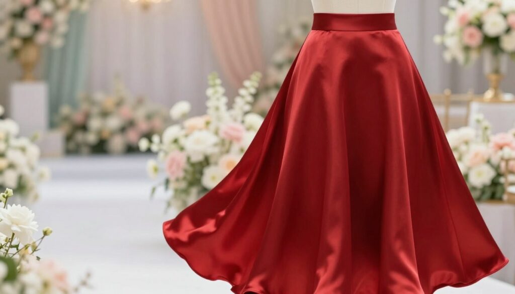 A-stunning-red-satin-midi-skirt-elegantly-draped-on-a-mannequin-in-a-soft-natural-light-1024x585 Comment porter la jupe rouge à un mariage ?