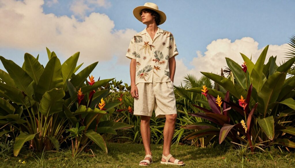 A-stylish-individual-wearing-a-lightweight-breathable-tropical-outfit-stands-in-a-lush-1024x585 Climat chaud et humide : comment s'habiller ?