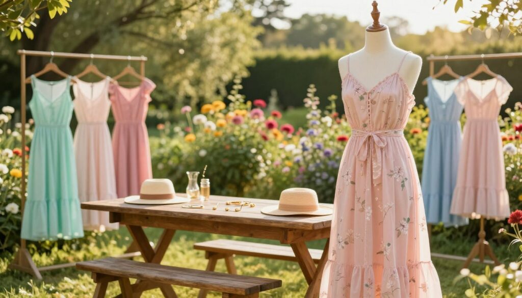A-sunlit-outdoor-setting-featuring-a-variety-of-light-summer-dresses-in-soft-pastel-hues-such--1024x585 Comment s'approprier la couleur de l'été 2026 ?