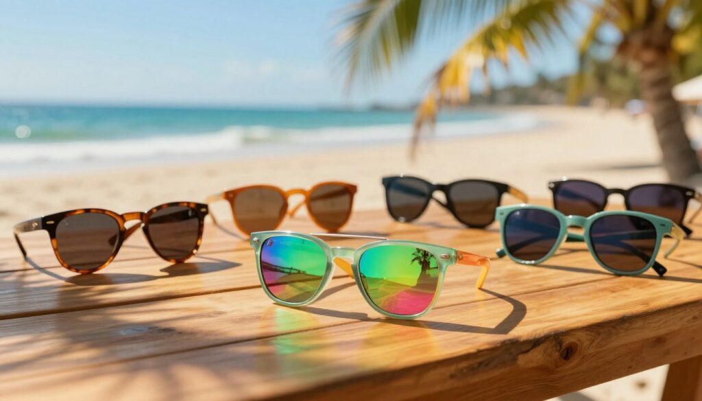 A-vibrant-summer-scene-showcasing-an-array-of-stylish-sunglasses-displayed-on-a-polished-wooden-1024x585 Comment s'approprier la couleur de l'été 2026 ?