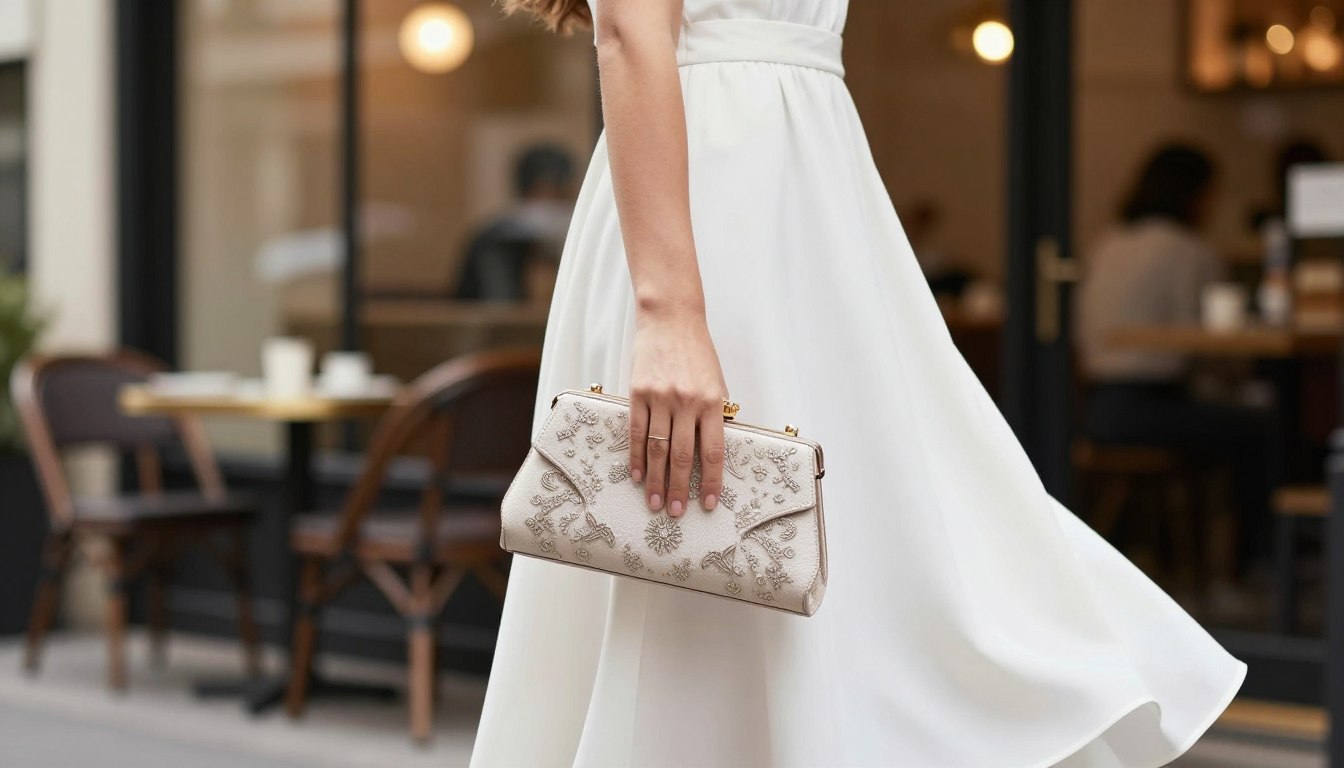 pochette porter avec une robe blanche
